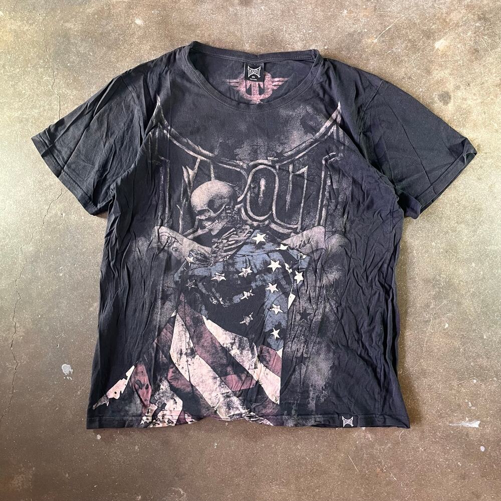 Vintage skater grunge tap out skull/flag big print black men’s tshirt size 2XL
